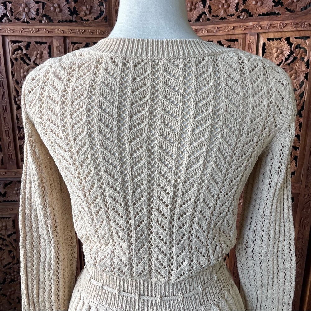 Vintage Adorable Cream Crochet Knit Button-Front Sweater with Drawstring Waist - Picture 7 of 7
